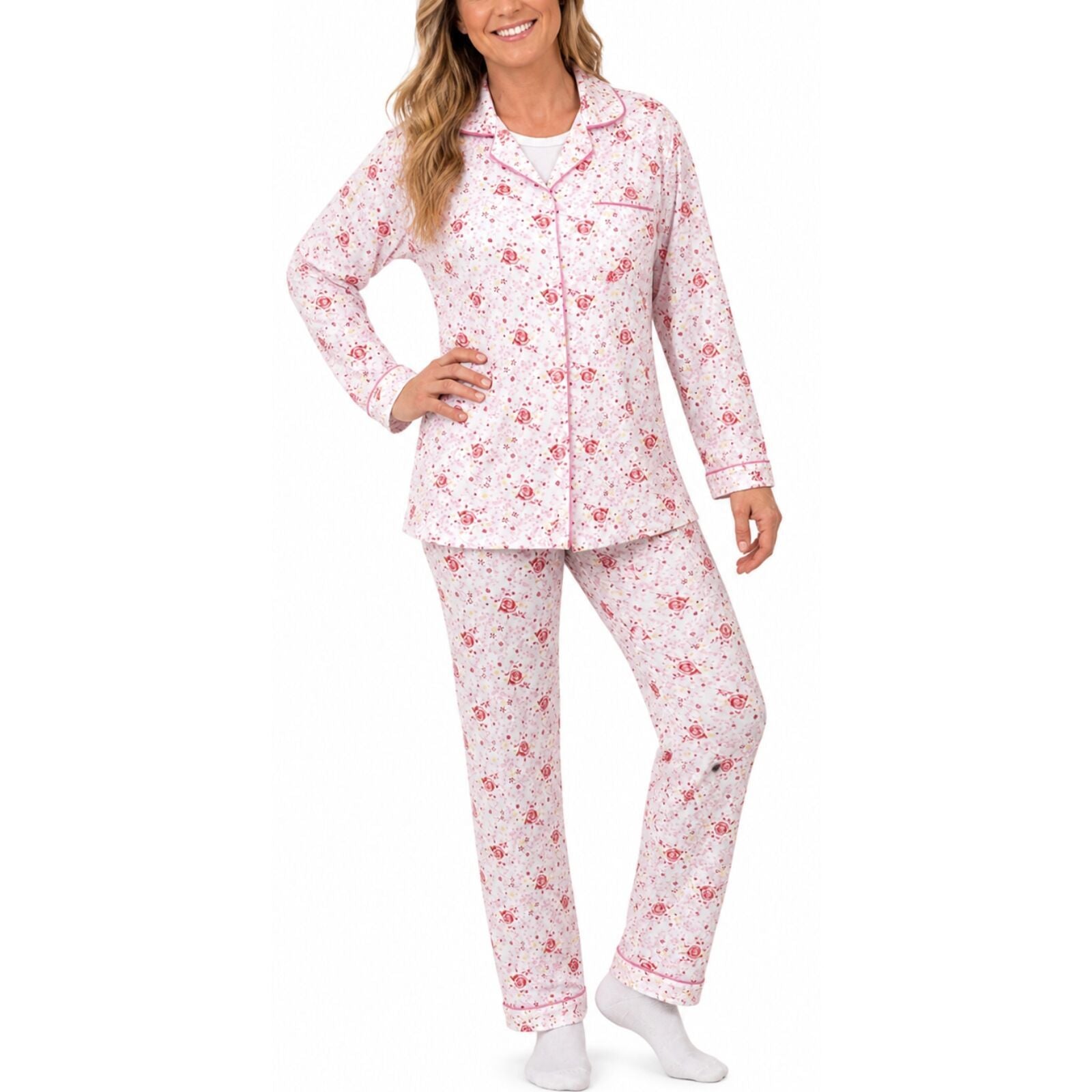 Womens Pyjama Set 100% Cotton Long Sleeve Button Up PJs Sleepwear - Pink Floral
