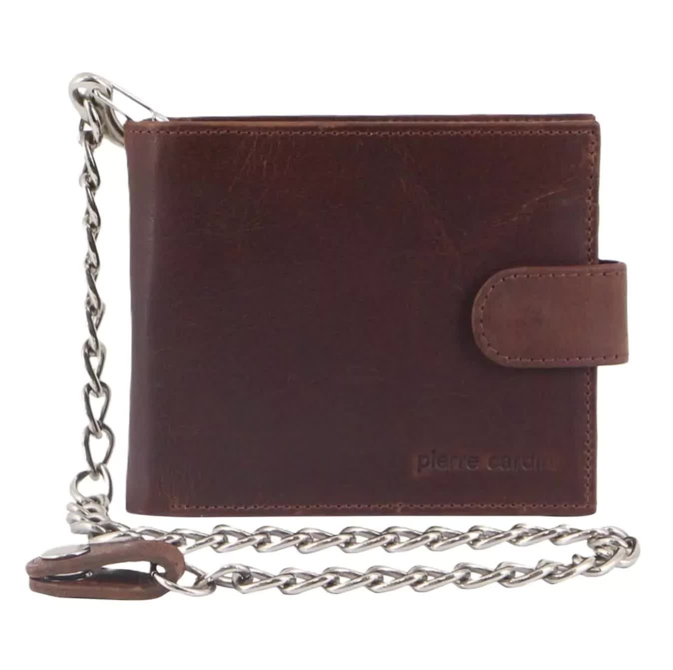 Pierre Cardin Zip Around Mens Leather Wallet with Chain in Chestnut