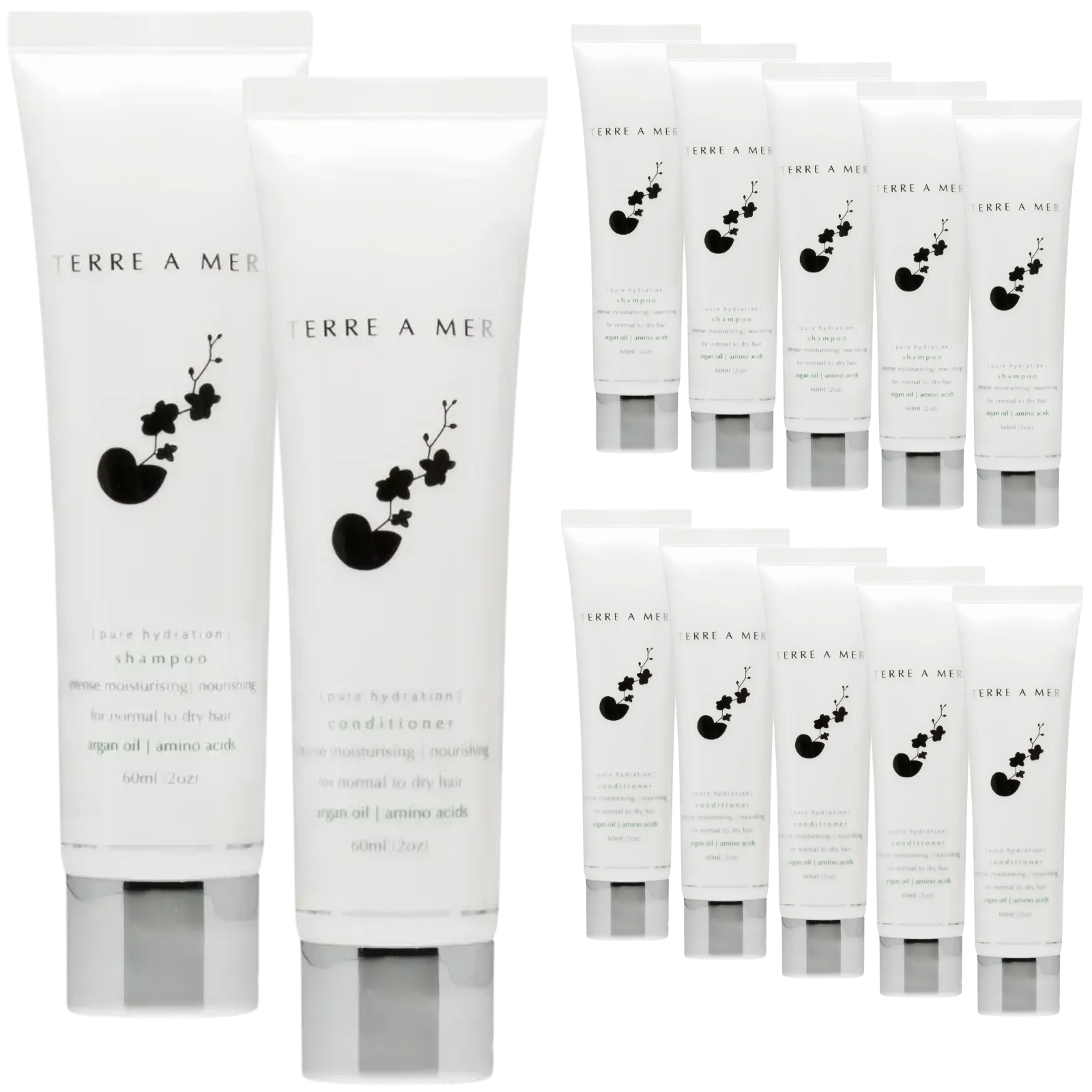 12pc Set Terre A Mer Pure Hydration Amino Acid/Argan Oil Shampoo & Conditioner - 60ml Travel Size