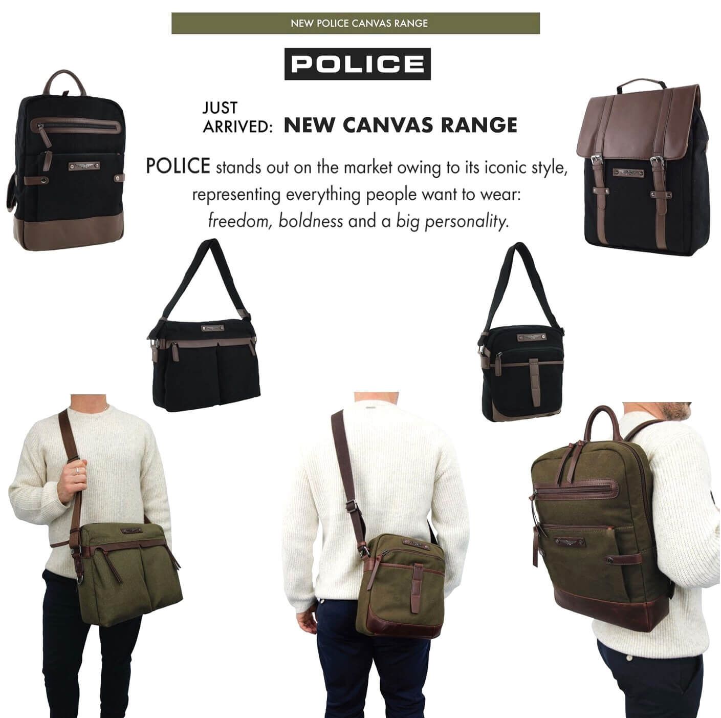 POLICE Wings Canvas Mens Messenger Business Bag w/ Laptop Computer Section in Dark Olive