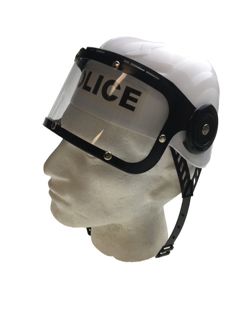 POLICE HAT Plastic Helmet Cap Costume Party w Strap Clear Visor - White