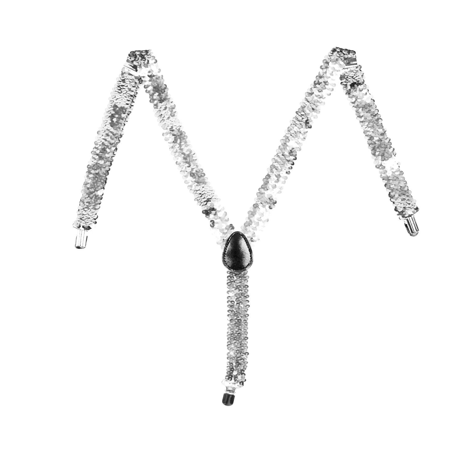 SEQUIN SUSPENDERS Unisex Adjustable Braces Clip On Elastic Y-Back - Silver