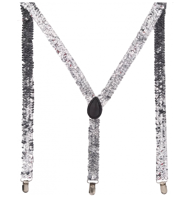 SEQUIN SUSPENDERS Unisex Adjustable Braces Clip On Elastic Y-Back - Silver