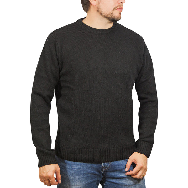100% SHETLAND WOOL CREW Round Neck Knit JUMPER Pullover Mens Sweater Knitted - Plain Black - 4XL