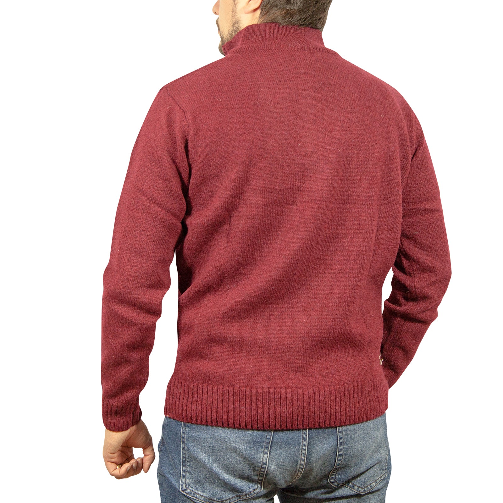 100% SHETLAND RAGG WOOL Half Zip Up Knit JUMPER Pullover Mens Sweater Knitted - Burgundy