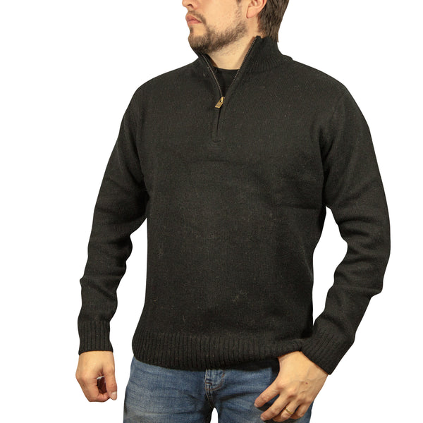100% SHETLAND WOOL Half Zip Up Knit JUMPER Pullover Mens Sweater Knitted - Plain Black - 3XL