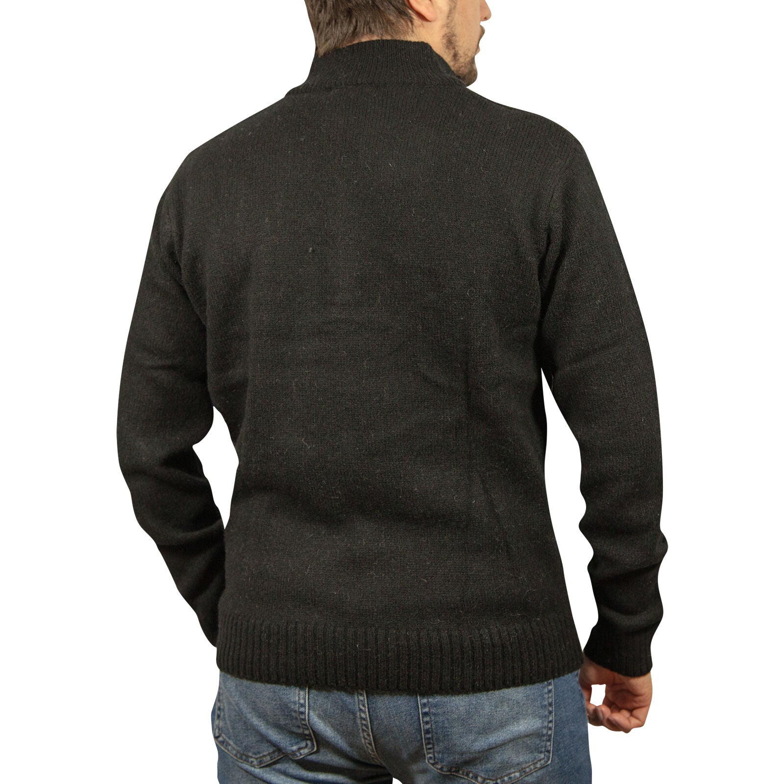 100% SHETLAND RAGG WOOL Half Zip Up Knit JUMPER Pullover Mens Sweater Knitted - Plain Black