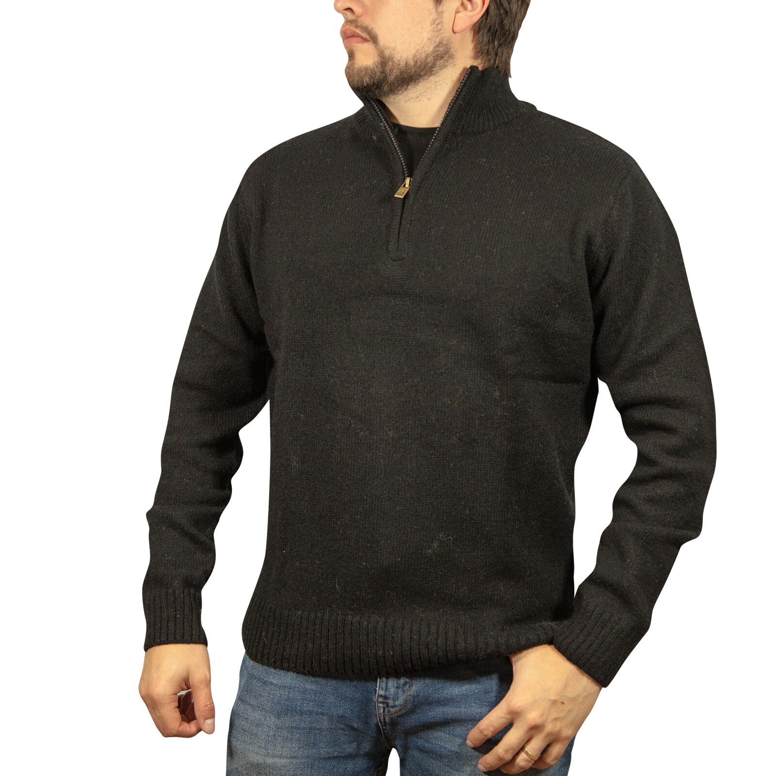 100% SHETLAND RAGG WOOL Half Zip Up Knit JUMPER Pullover Mens Sweater Knitted - Plain Black