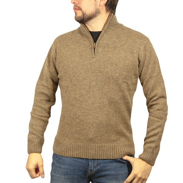 100% SHETLAND WOOL Half Zip Up Knit JUMPER Pullover Mens Sweater Knitted - Nutmeg (23) - 3XL