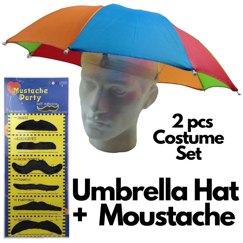 2pcs Set Rainbow Umbrella Hat + 70s Fake Moustache Costume Props Novelty Fancy