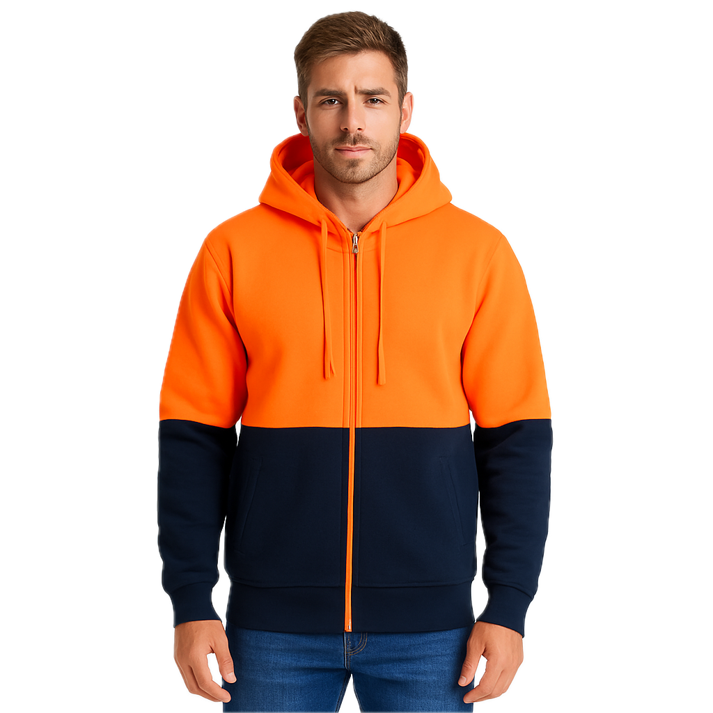 HI VIS Jumper Full Zip Hoodie Safety Workwear Fleecy Fleece Jacket Hooded in Orange/Navy