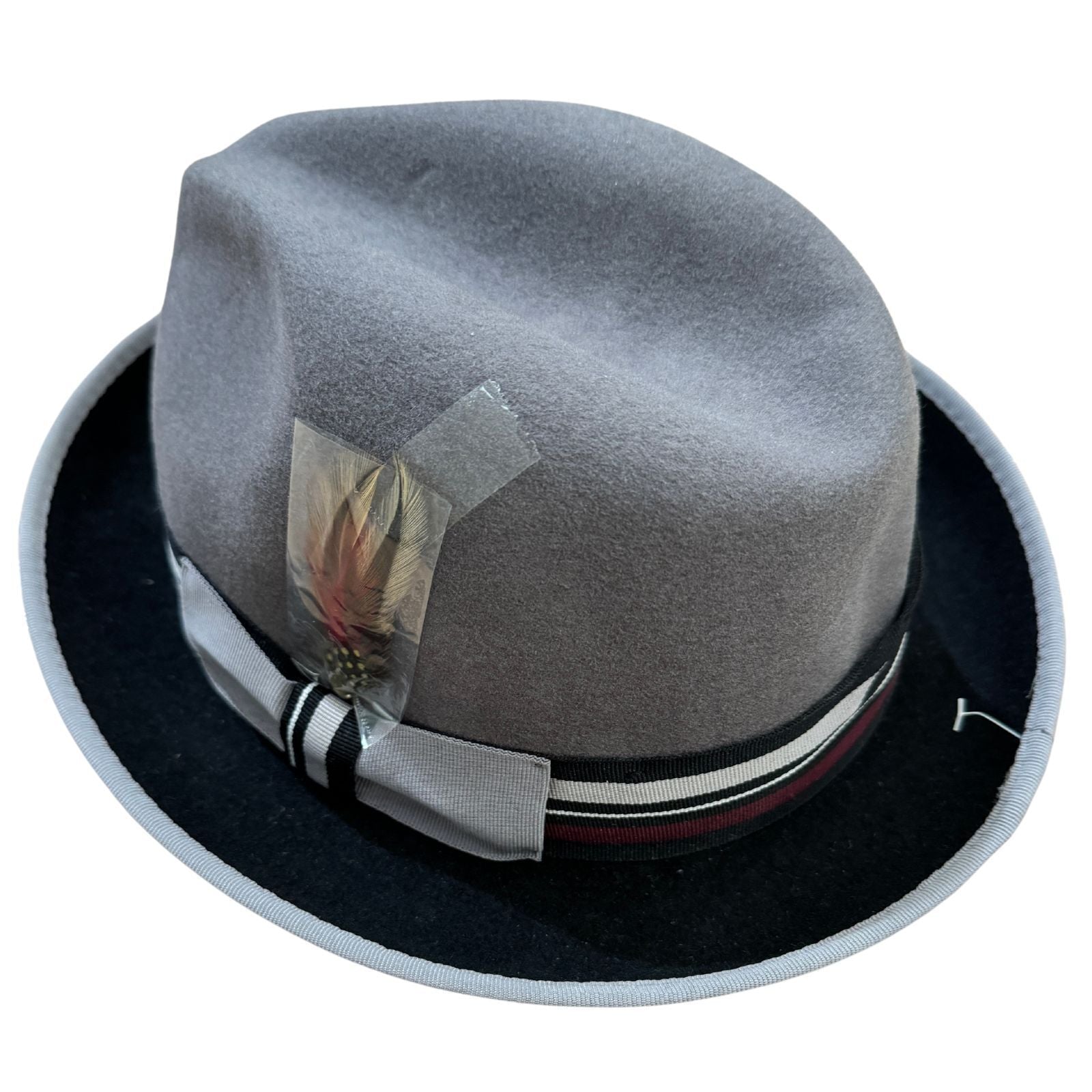 100% Wool Trilby Hat in Grey/Black with Feather