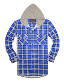 Mens Cotton Flannelette Shirt w Jersey Hood Long Sleeve Flannel - Spanish Blue