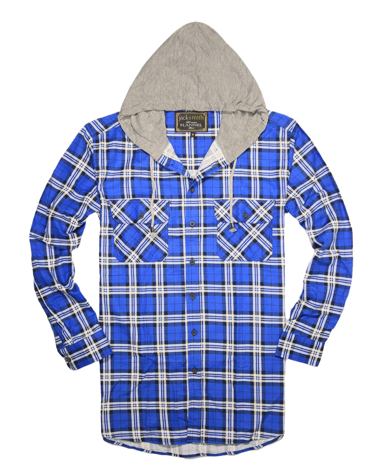Mens Cotton Flannelette Shirt w Jersey Hood Long Sleeve Flannel - Spanish Blue