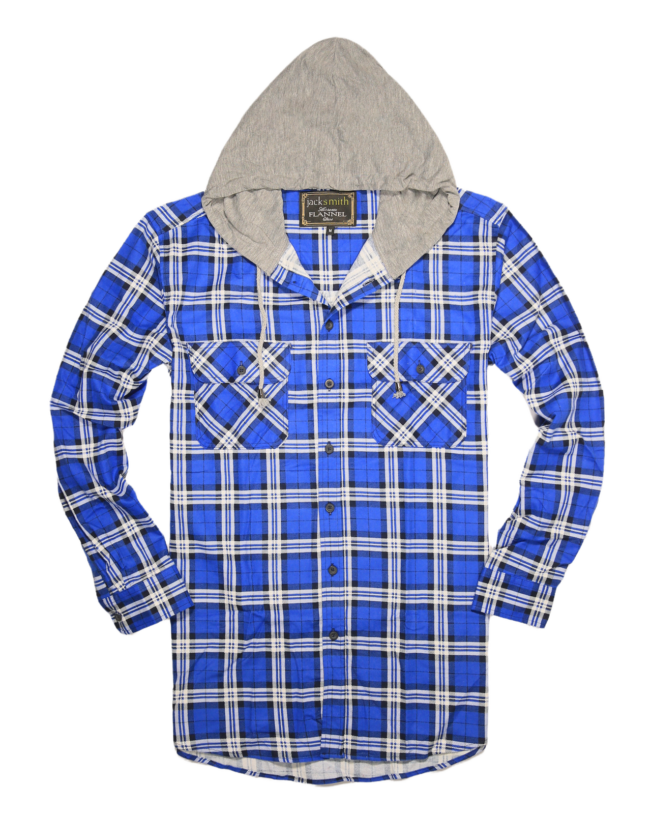 Mens Cotton Flannelette Shirt w Jersey Hood Long Sleeve Flannel - Spanish Blue
