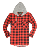 Mens Cotton Flannelette Shirt w Jersey Hood Long Sleeve Flannel - Red/Black