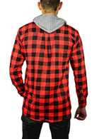 Mens Cotton Flannelette Shirt w Jersey Hood Long Sleeve Flannel - Red/Black