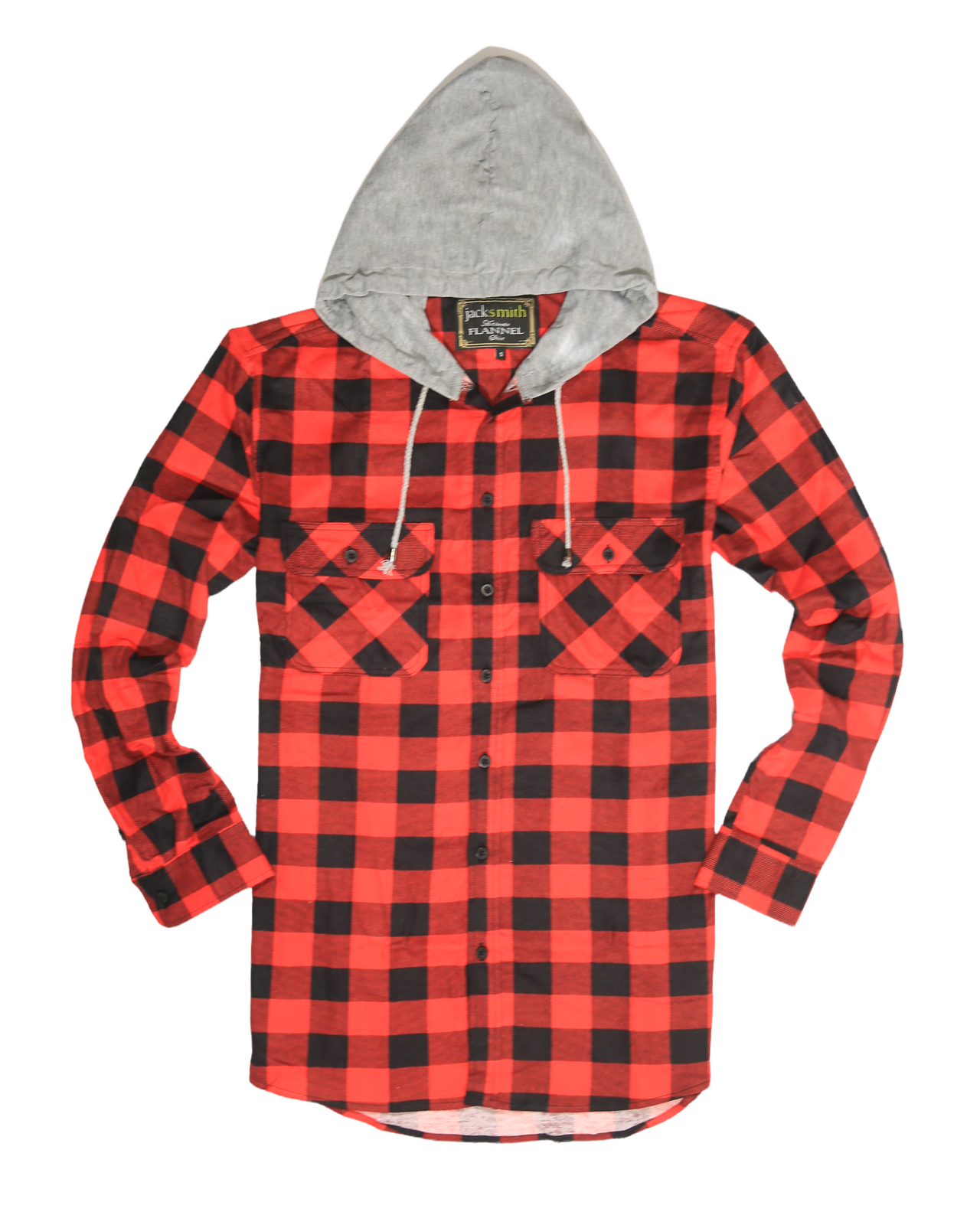 Mens Cotton Flannelette Shirt w Jersey Hood Long Sleeve Flannel - Red/Black