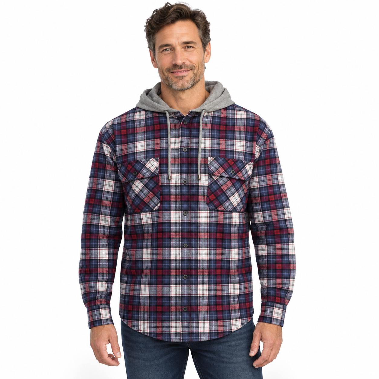 Mens Cotton Flannelette Shirt w Jersey Hood Long Sleeve Flannel - Navy/Red/White Check