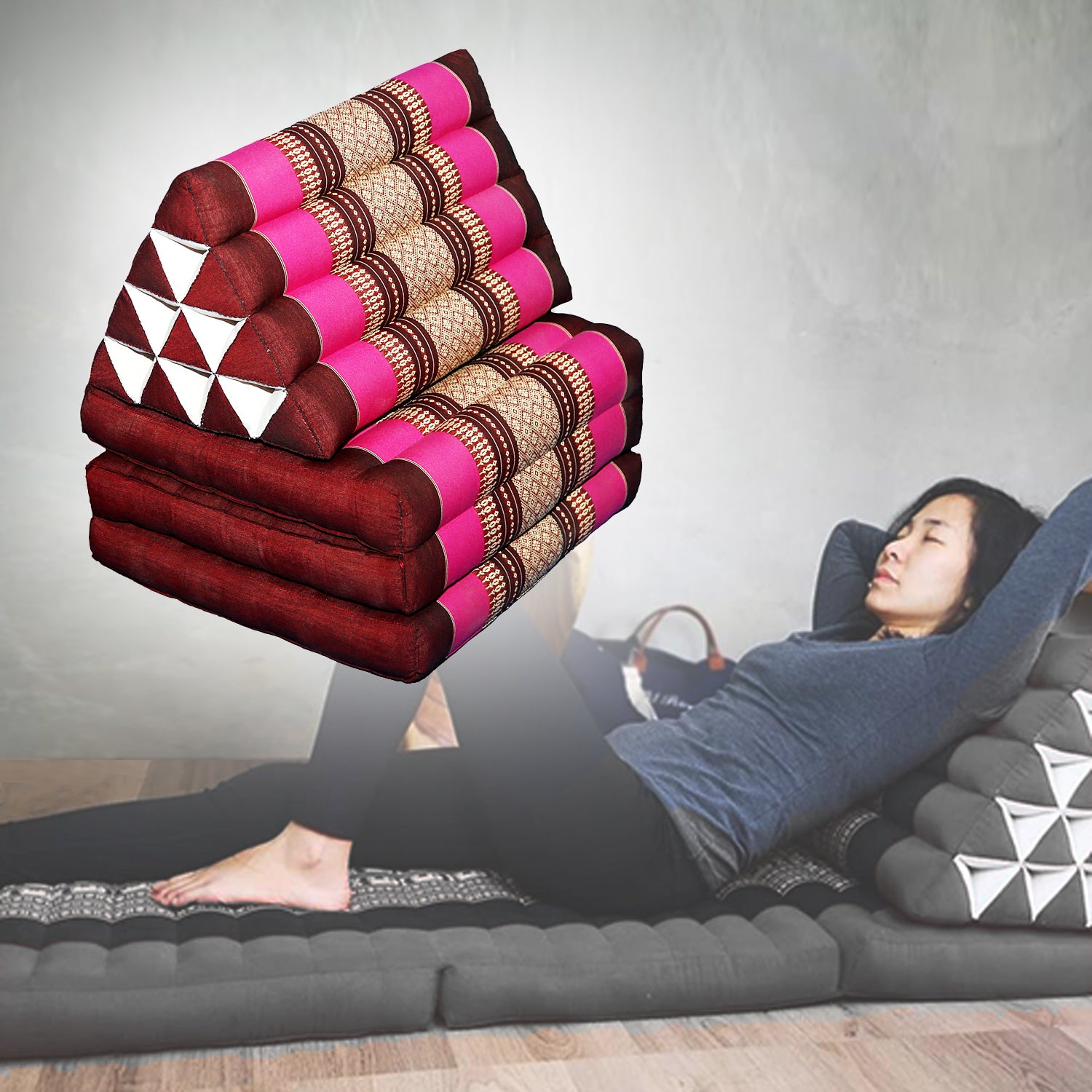 Large Thai Triangle Pillow - Pink, Three Fold