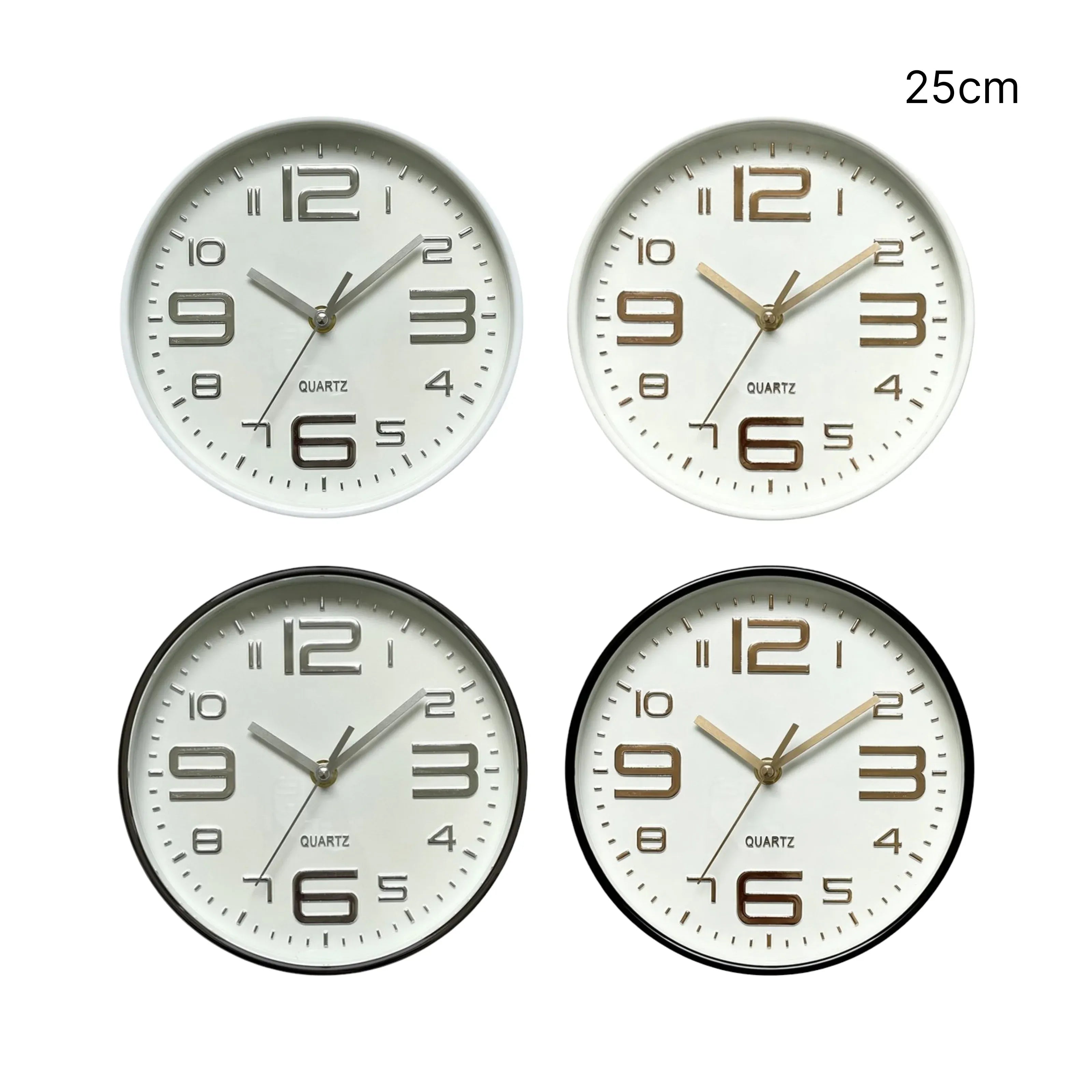 Bulk 12 Plastic Round Wall Clock 25cm 4 Asst
