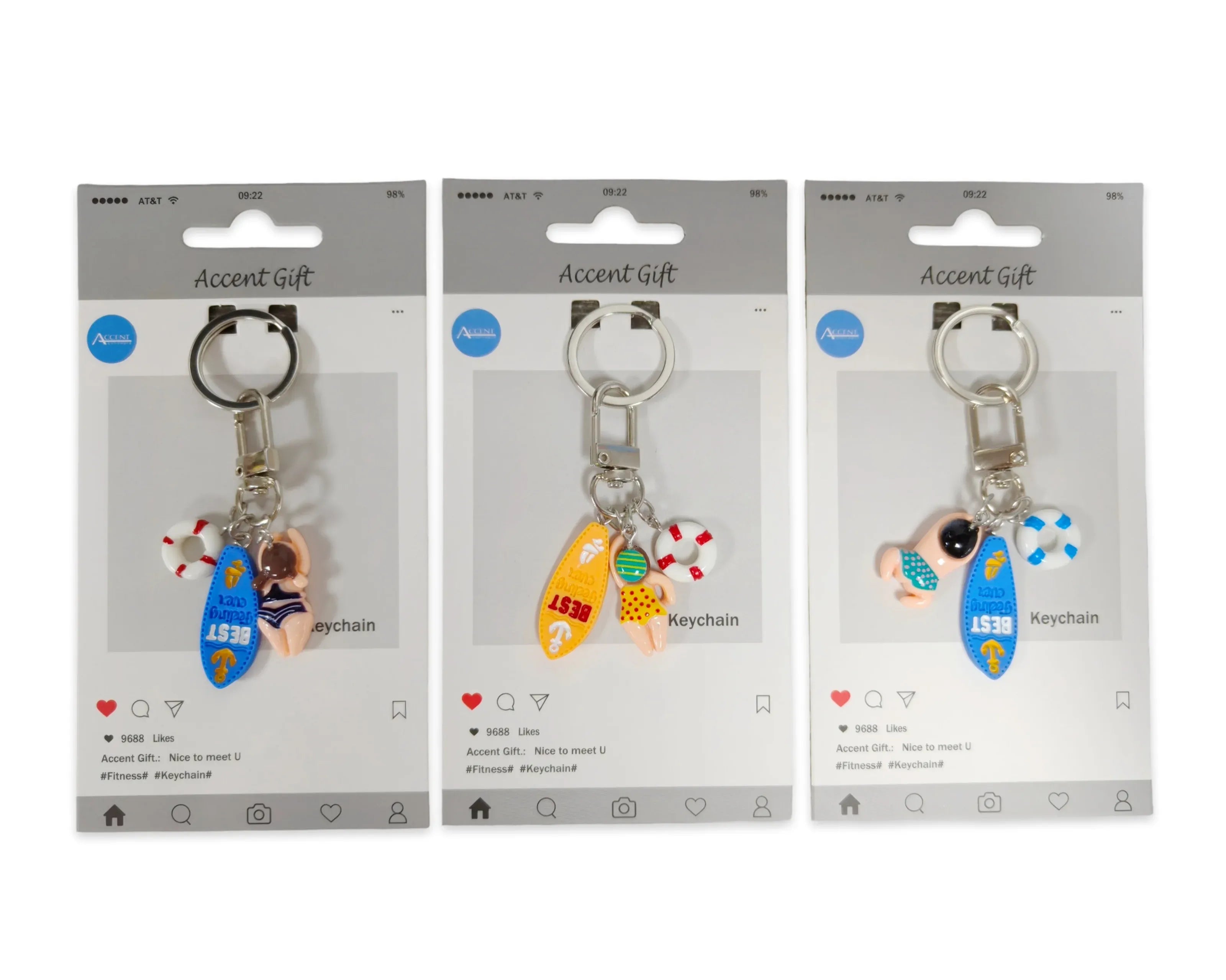 Bulk 24 Set 3 Polyresin Swim & Surf Keychain 3 Asst
