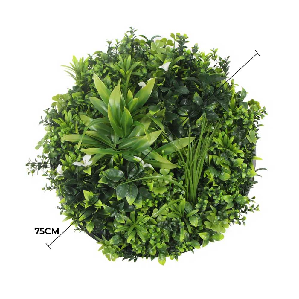 Slimline Flowering White Artificial Green Wall Disc UV Resistant 75cm (Black Frame)