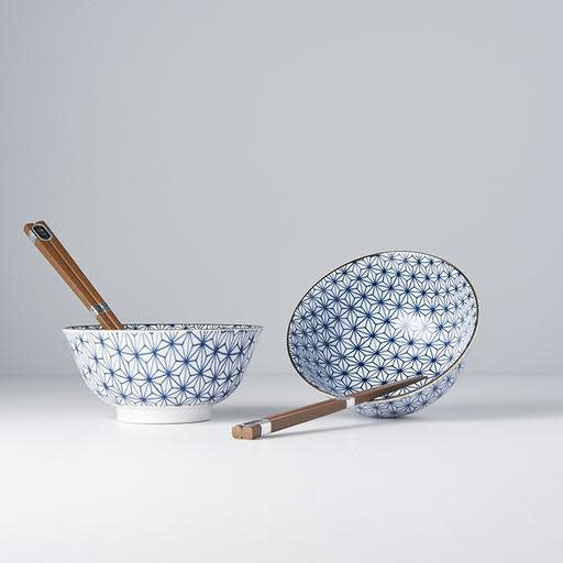 Bowl Set 2pcs with Chopsticks Starburst Blue Design