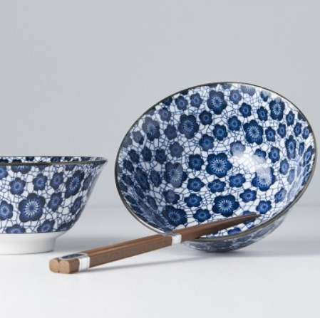 Bowl Set 2pcs with Chopsticks Blue Plum Design