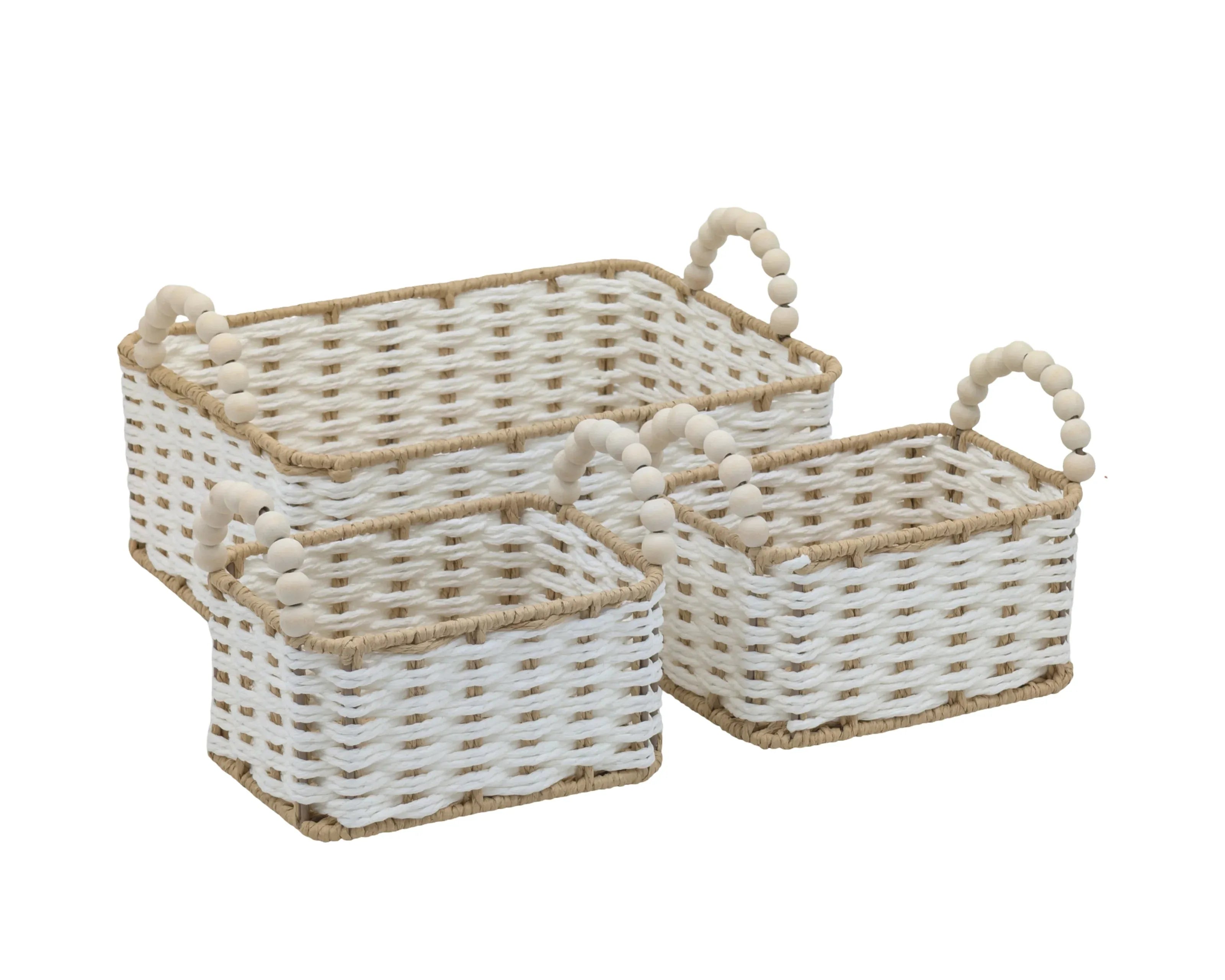 Bulk 4 Natural & White Paper Rope Basket W Bead Handle 32x23x12/18h
