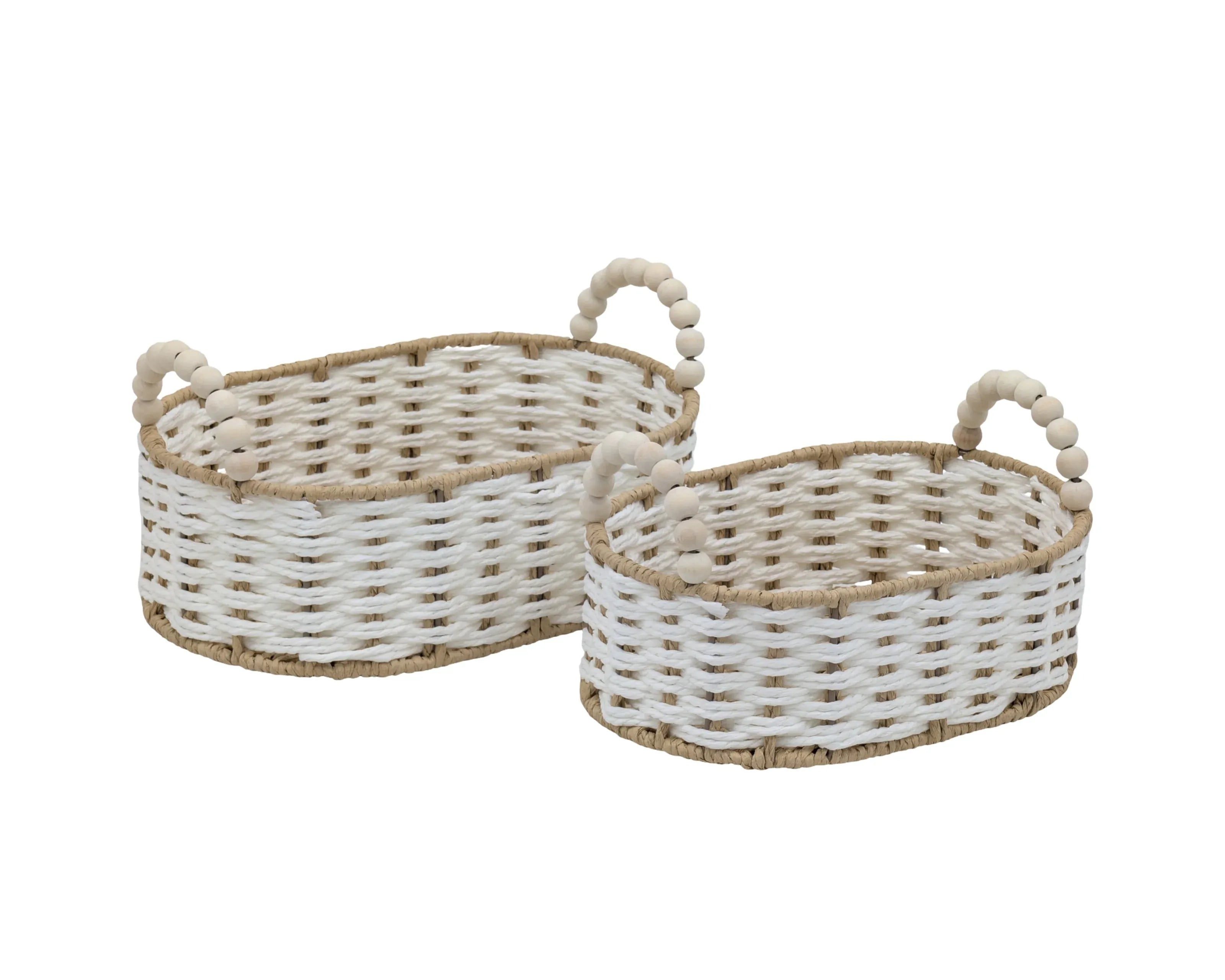 Bulk 6 Natural & White Paper Rope Basket W Bead Handle 30x20x10/16h