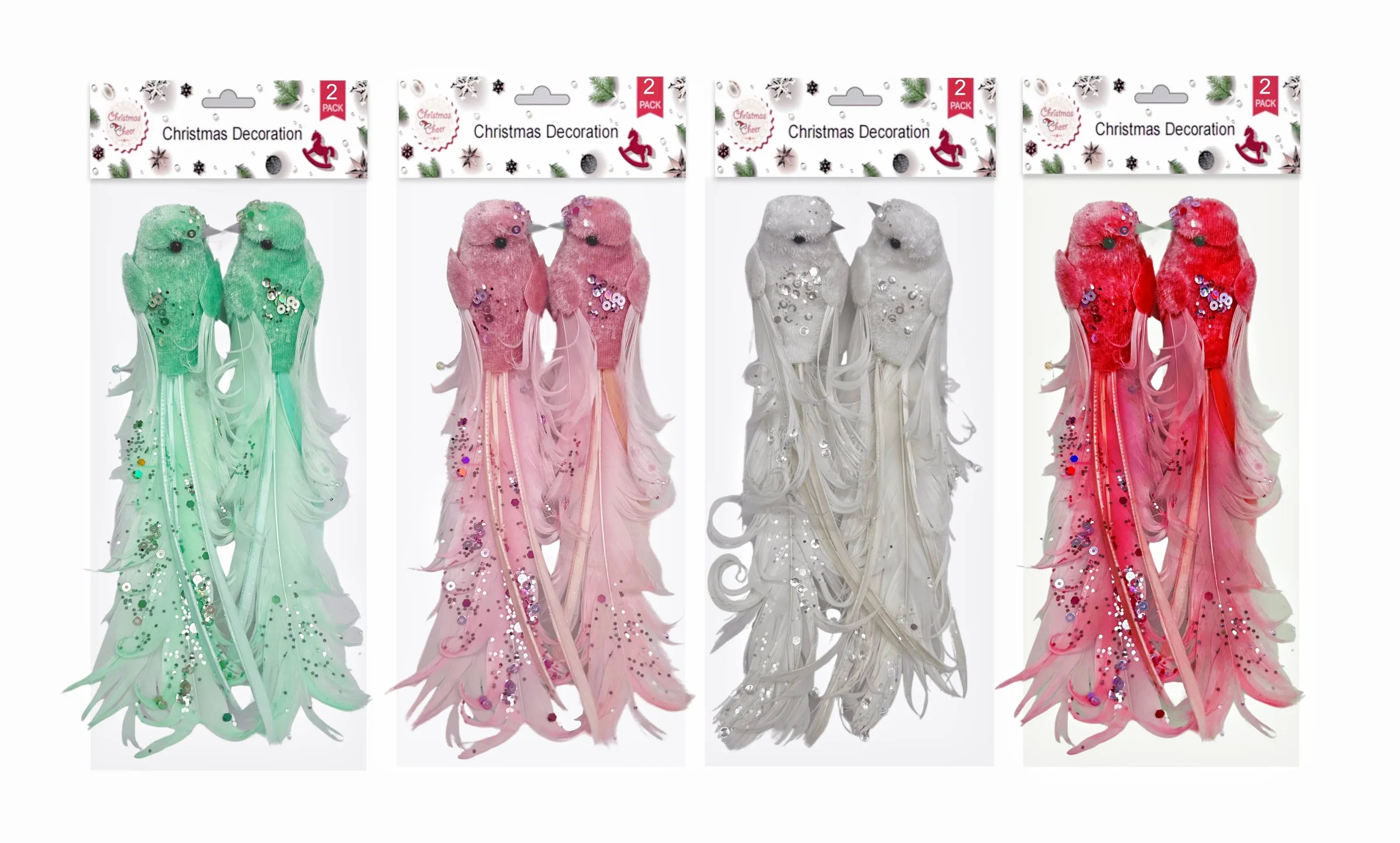 Bulk 24 Xmas Feather & Sequins Bird W Clip pk2 17x3.5x4cm 4 Asst