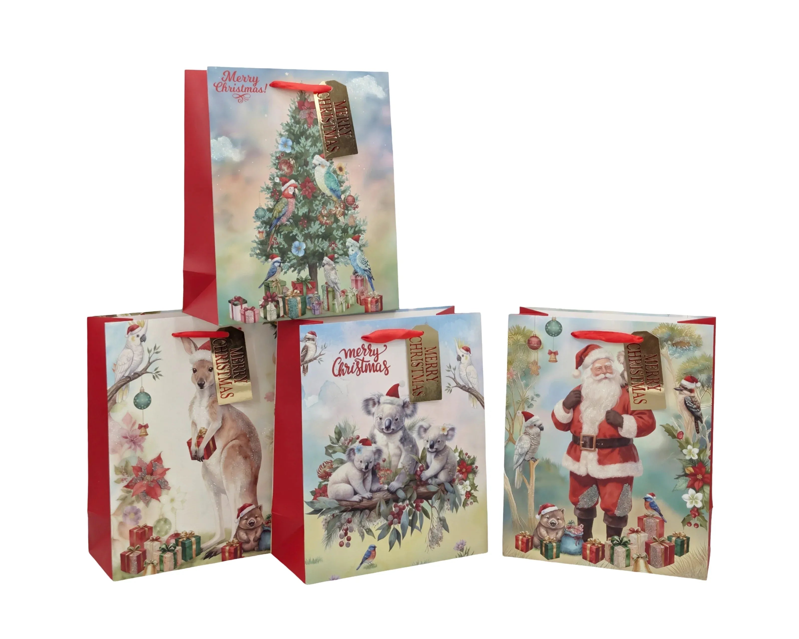 Bulk 48 Aussie Native Xmas Gift Bag Btl 36x12x10cm 4 Asst