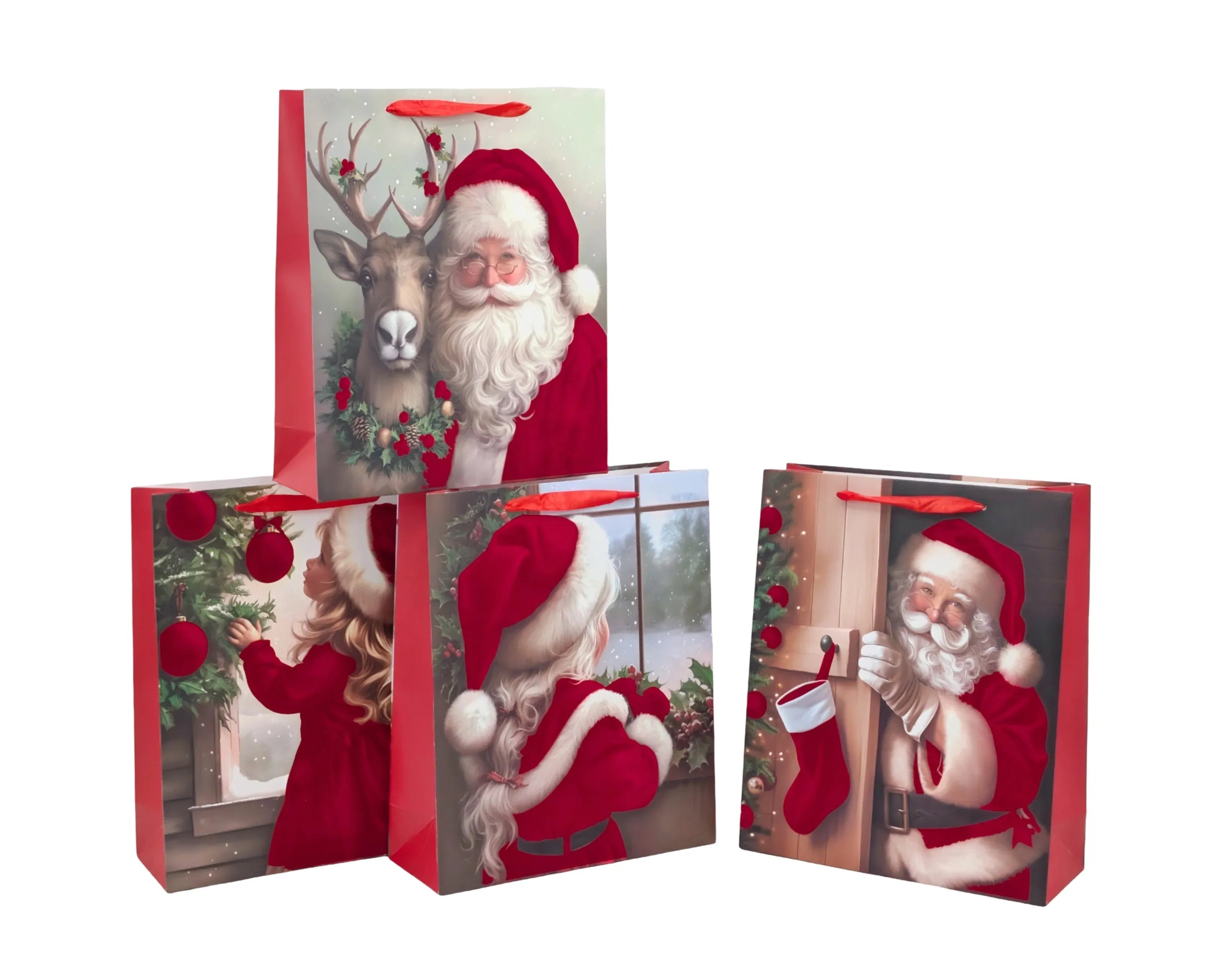 Bulk 48 Flocked Velvet Santa Gift Bag Btl 36x12x10cm 4 Asst