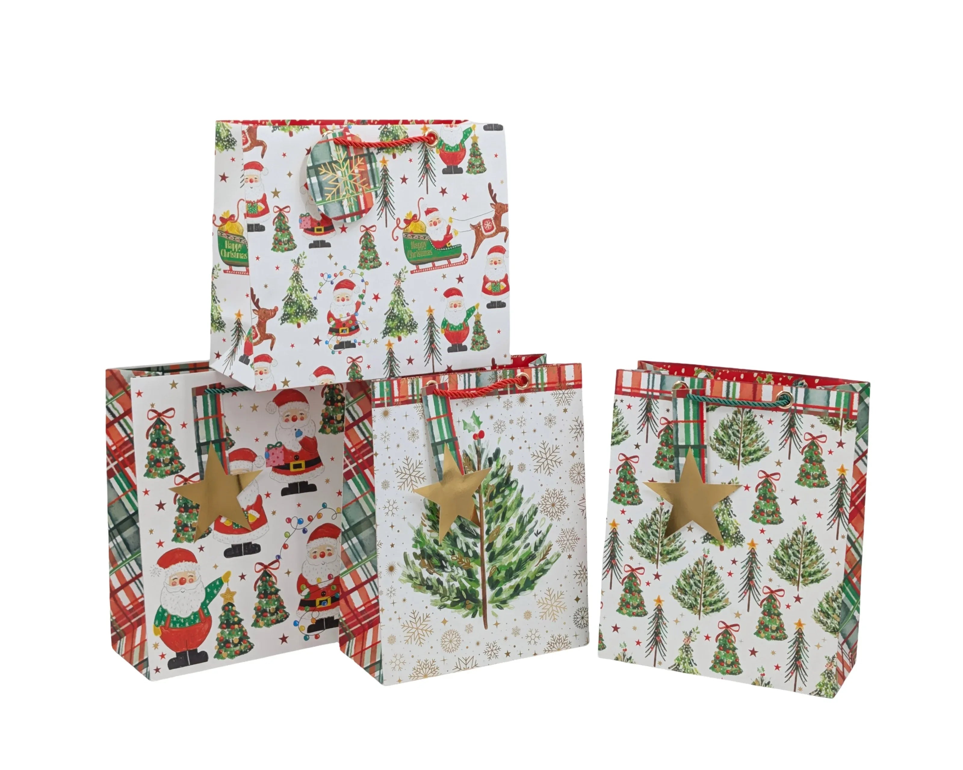 Bulk 48 Xmas Tree & Santa Gift Bag Foiled Lrg 32x26x12cm 4 Asst