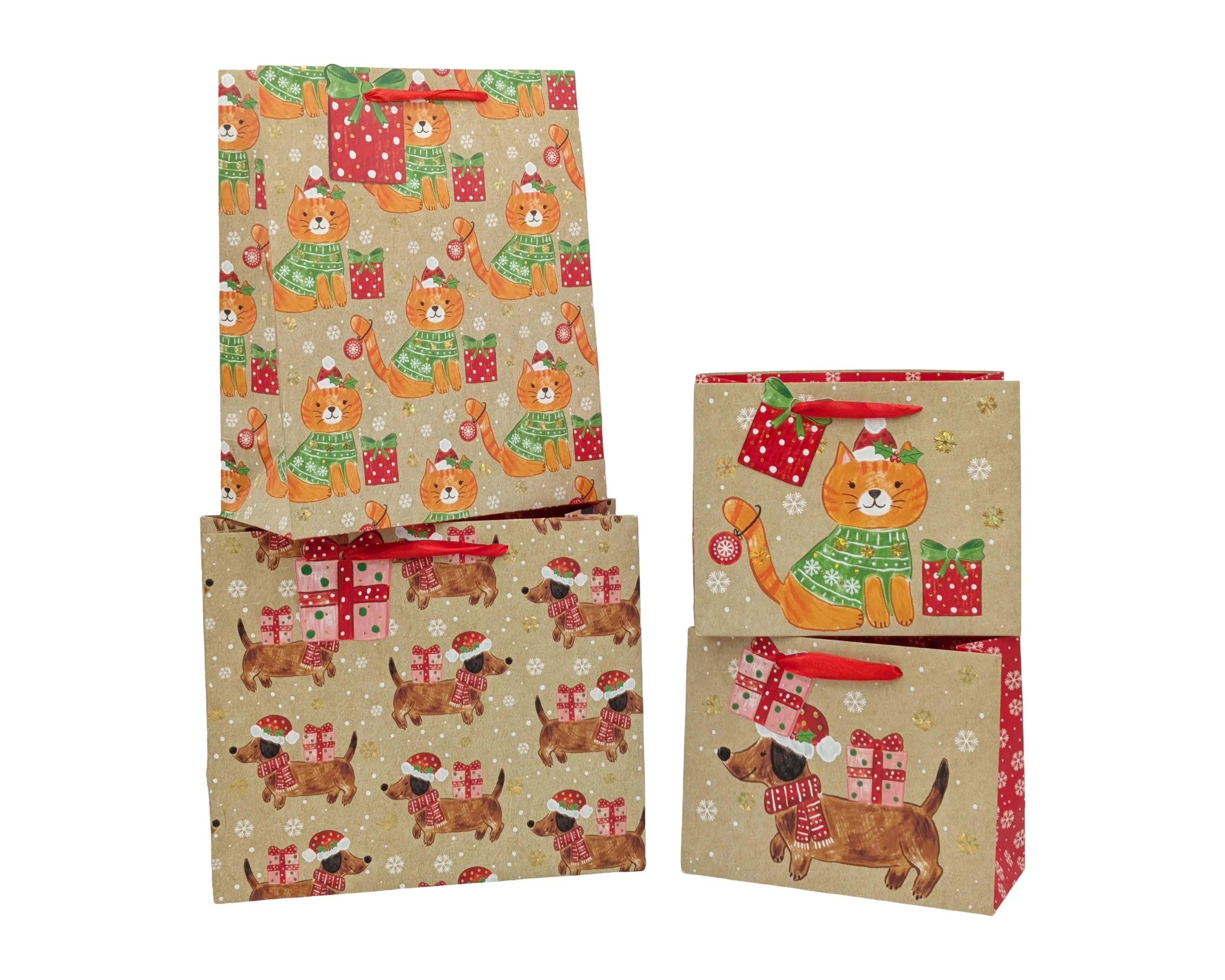 Bulk 48 Kraft Festive Pets Xmas Bag Foiled Med 23x18x10cm 4 Asst