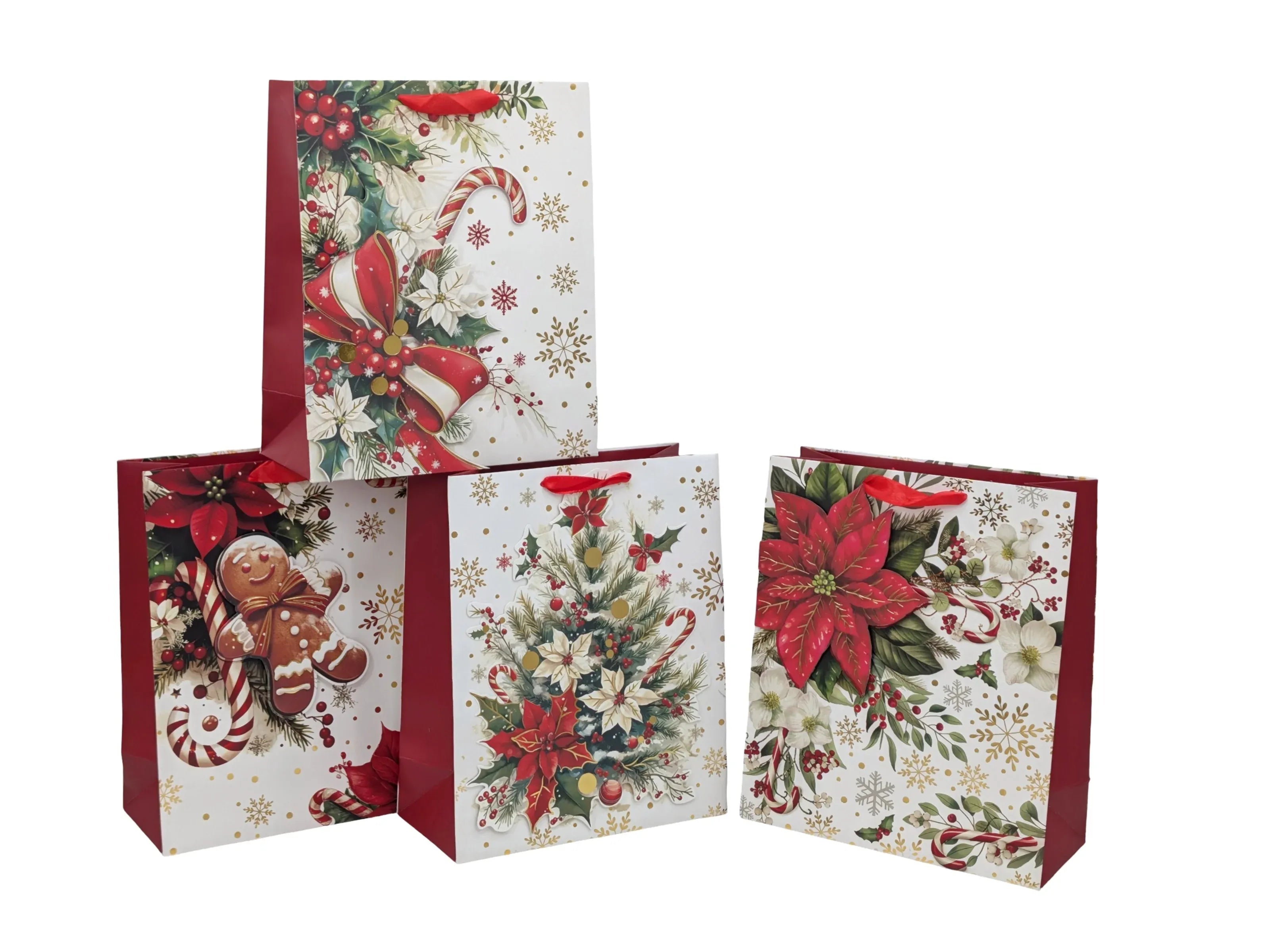 Bulk 48 3d Foiled Traditional Xmas Bag Lrg 32x26x12cm 4 Asst