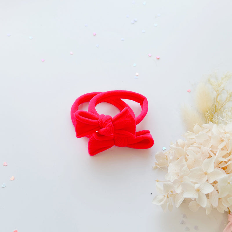 Handmade Simple Bow metal free hair ties -Sky - 1 Pairs - Bright Pink