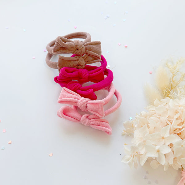 Handmade Simple Bow metal free hair ties -Pink - 1 Pairs - Rose Pink