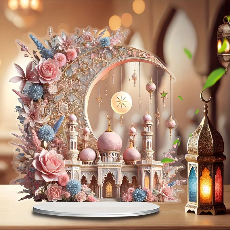 2D Ramadan Crescent Moon & Mosque Acrylic Decor