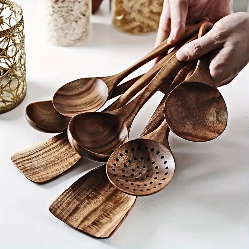 7-Piece Natural Teak Wooden Spoons for Cooking Set