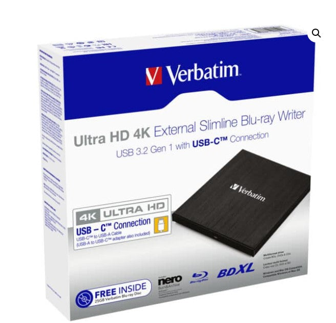 Verbatim External Slim Blue-ray Writer Ultra HD 4K Type-C Connection, USB 3.1 Gen1. Includes Nero Burning Software. Ultra Portable. New 2025 43888