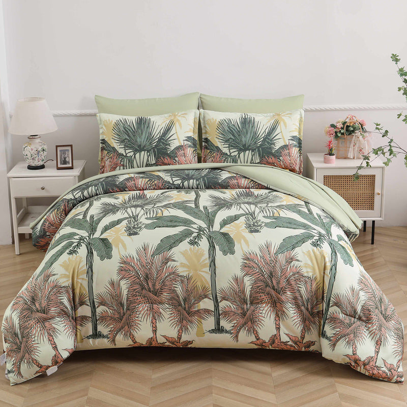 Soft Floral Leaf Comforter Set, King Size, Warm Quilted Bedding with Pillowcases