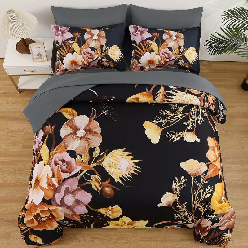 Soft Floral Leaf Comforter Set, King Size, Quilted Bedding with Pillowcases