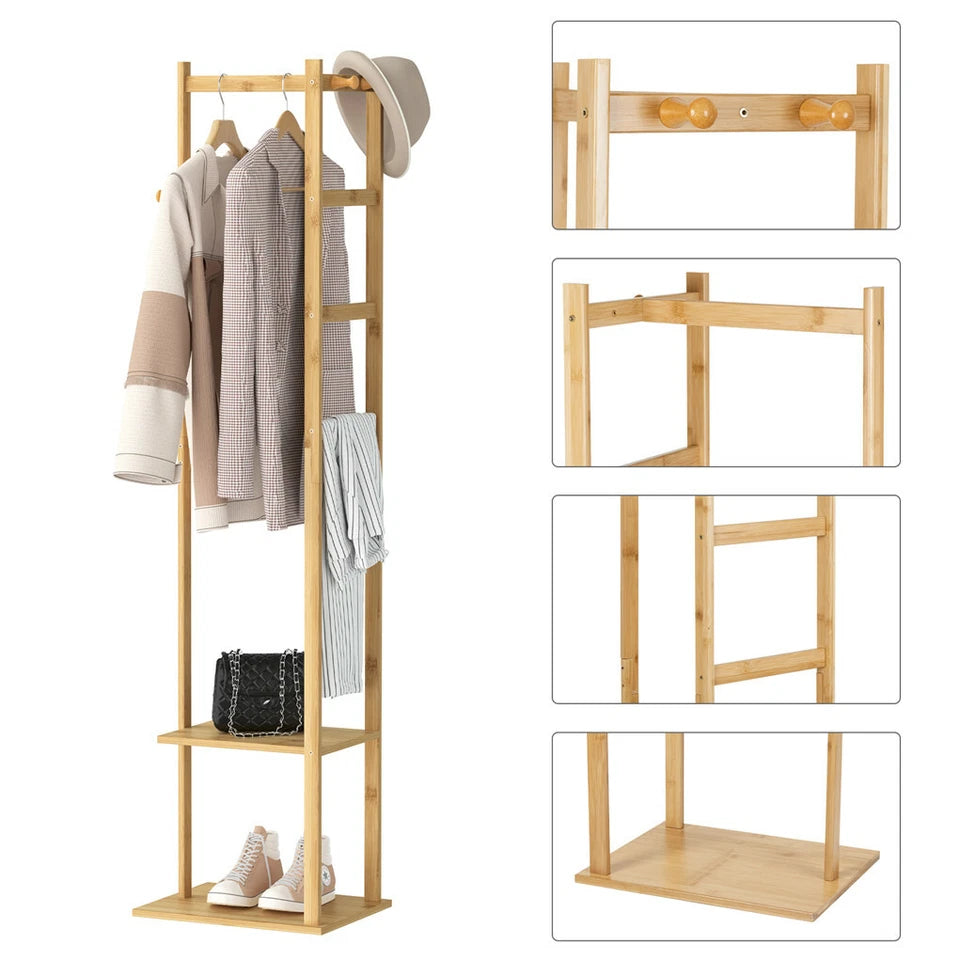 Bamboo Coat Stand Clothes Rack with Garment Shelf, Hanging Rail and Hooks