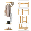 Bamboo Coat Stand Clothes Rack with Garment Shelf, Hanging Rail and Hooks