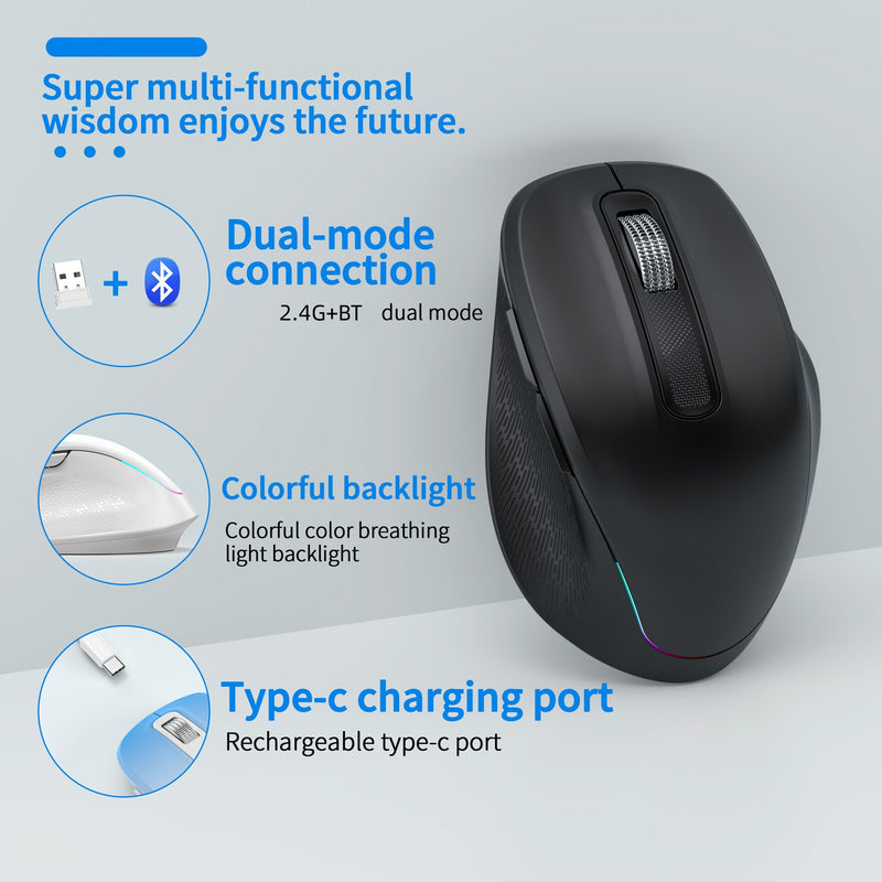 Ergonomic 2.4G Wireless & Bluetooth Dual Mode RGB Backlit Mouse with Type-C Charging - Silent Click for Laptop PC