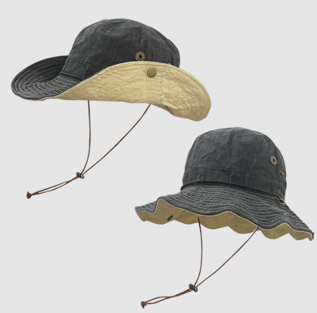 Black Wide Brim Outdoor Cowboy Sun Hat - Adjustable & Breathable for Hiking, Fishing, and Camping