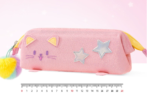 Pink Cute Cat Pencil Case for Girls - Large Capacity Sparkly Stationery Pouch with Fluffy Pom Pom