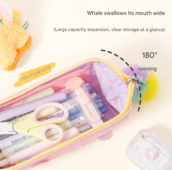 Pink Cute Cat Pencil Case for Girls - Large Capacity Sparkly Stationery Pouch with Fluffy Pom